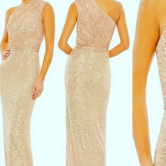 Ieena Mac Duggal Rose Gold Sequin One-Shoulder Column Gown